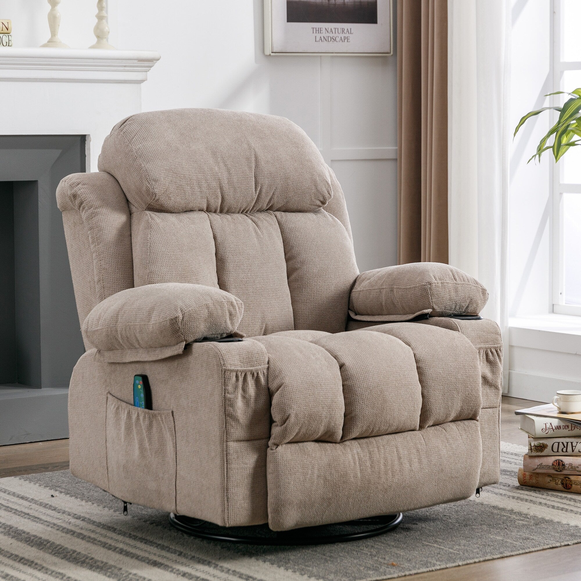 Fauteuil inclinable pivotant à 360° beige avec massage et chauffage, chargement USB, deux porte-gobelets et grandes poches de rangement