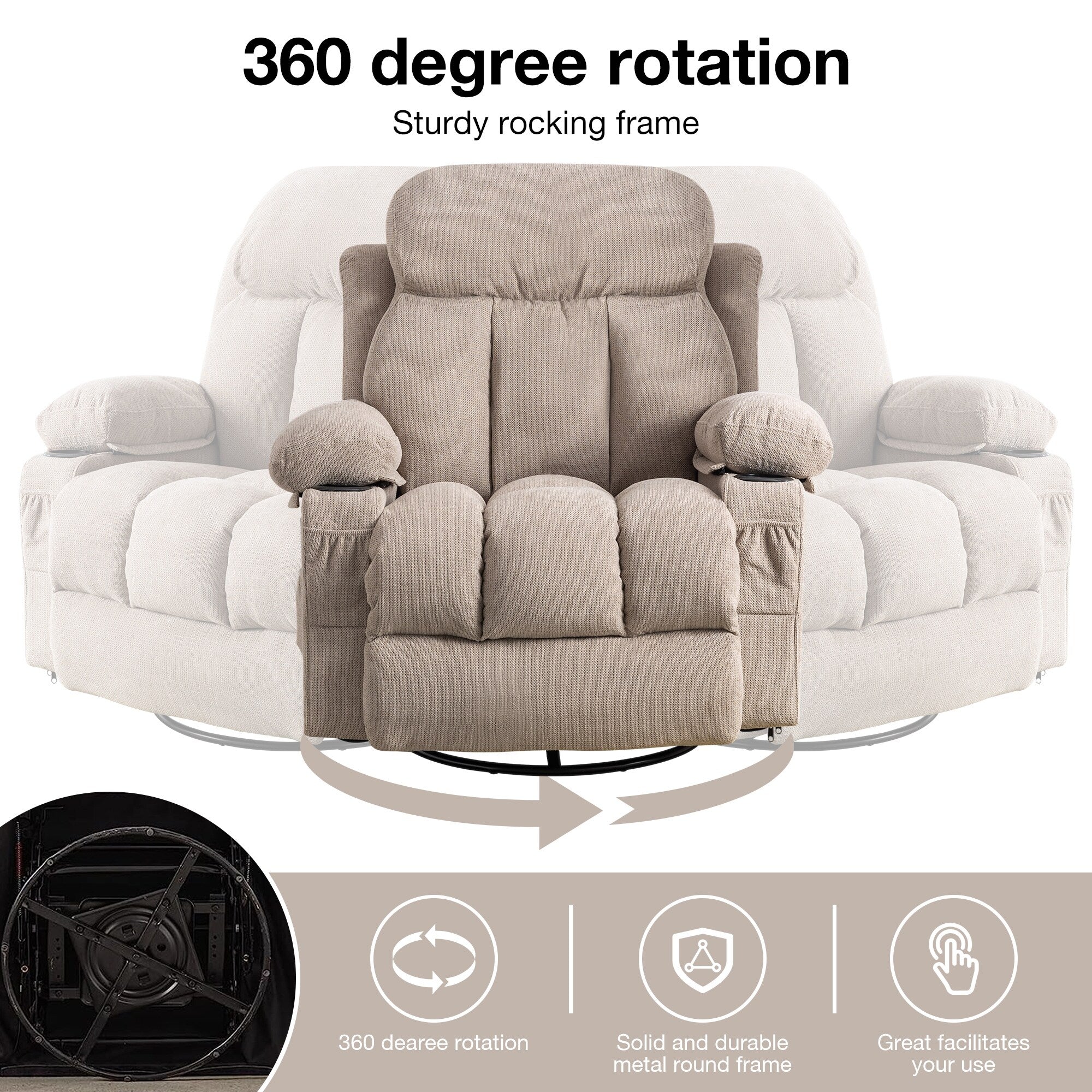 Fauteuil inclinable pivotant à 360° beige avec massage et chauffage, chargement USB, deux porte-gobelets et grandes poches de rangement