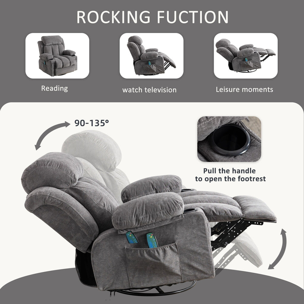 Fauteuil inclinable pivotant à 360° beige avec massage et chauffage, chargement USB, deux porte-gobelets et grandes poches de rangement