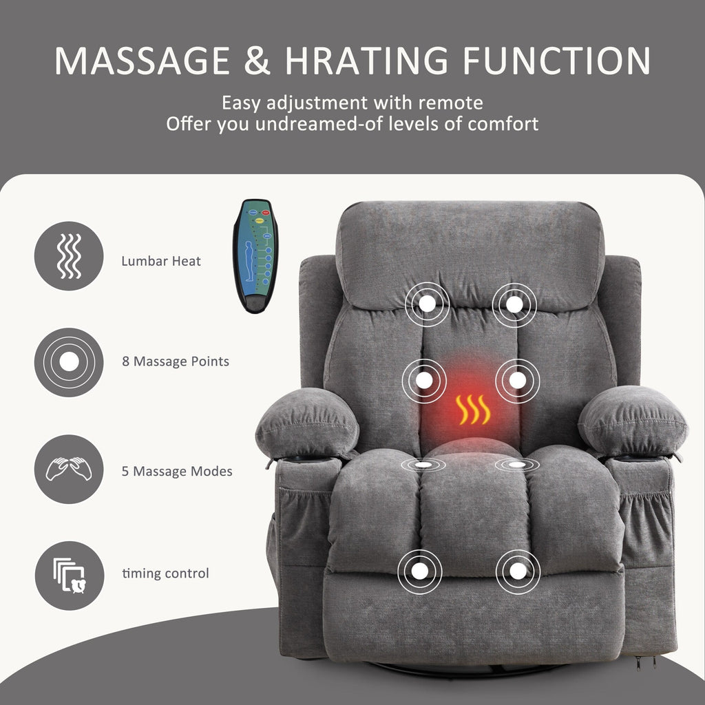 Fauteuil inclinable pivotant à 360° beige avec massage et chauffage, chargement USB, deux porte-gobelets et grandes poches de rangement