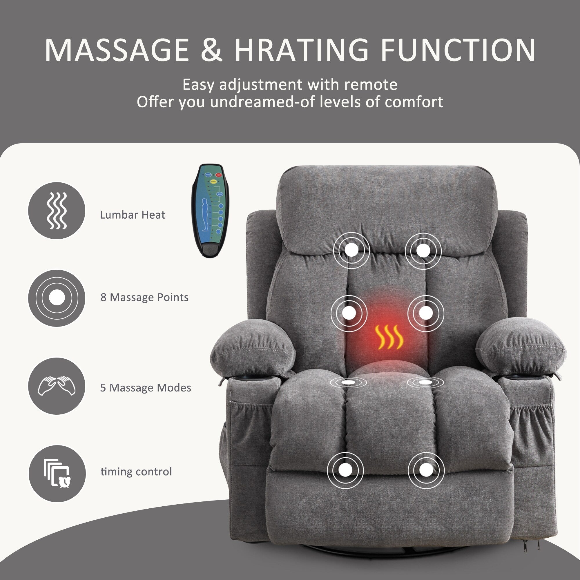 Fauteuil inclinable pivotant à 360° beige avec massage et chauffage, chargement USB, deux porte-gobelets et grandes poches de rangement