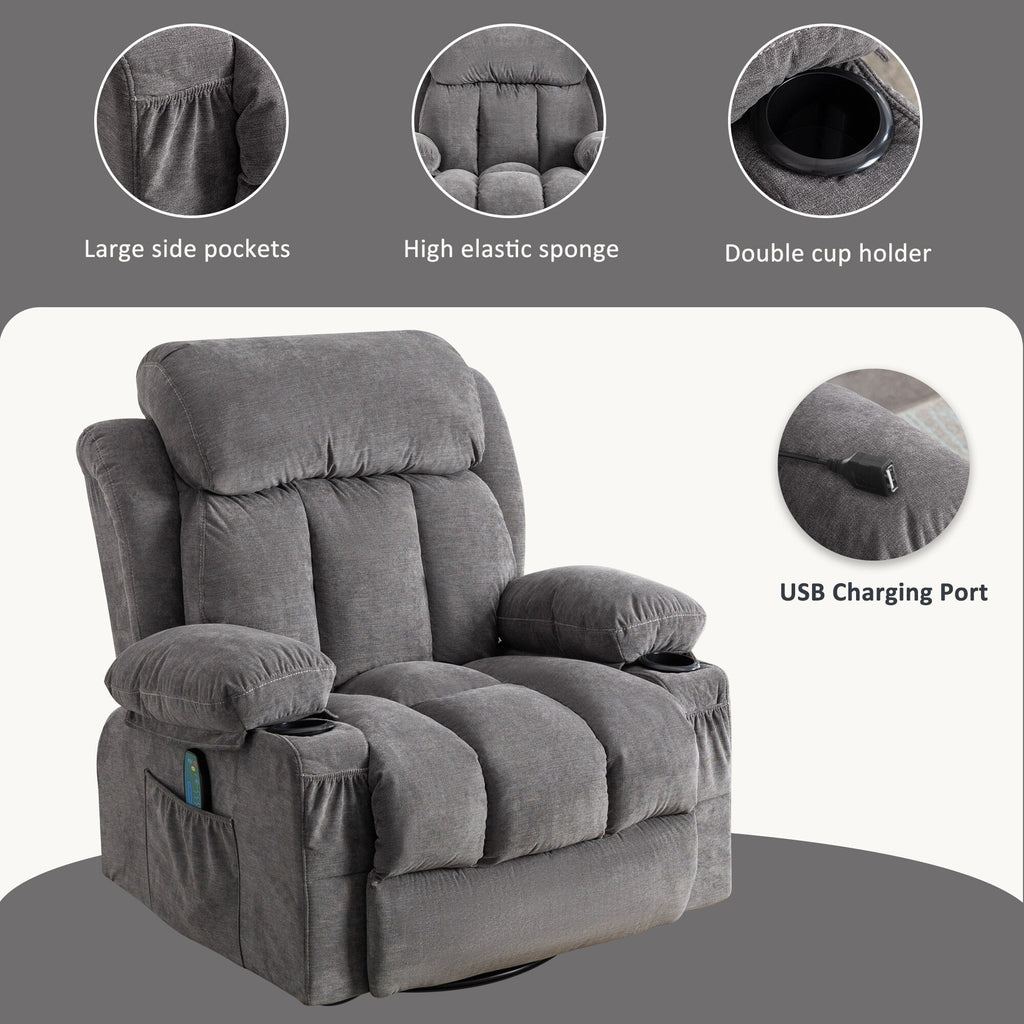 Fauteuil inclinable pivotant à 360° beige avec massage, chauffage, chargement USB, deux porte-gobelets et grand espace de rangement latéral