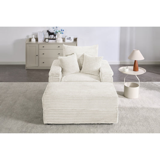Canapé simple en velours côtelé beige 42,52 po avec pouf amovible, accoudoirs de rangement et 2 coussins décoratifs