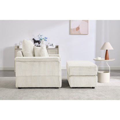 Canapé simple en velours côtelé beige 42,52 po avec pouf amovible, accoudoirs de rangement et 2 coussins décoratifs