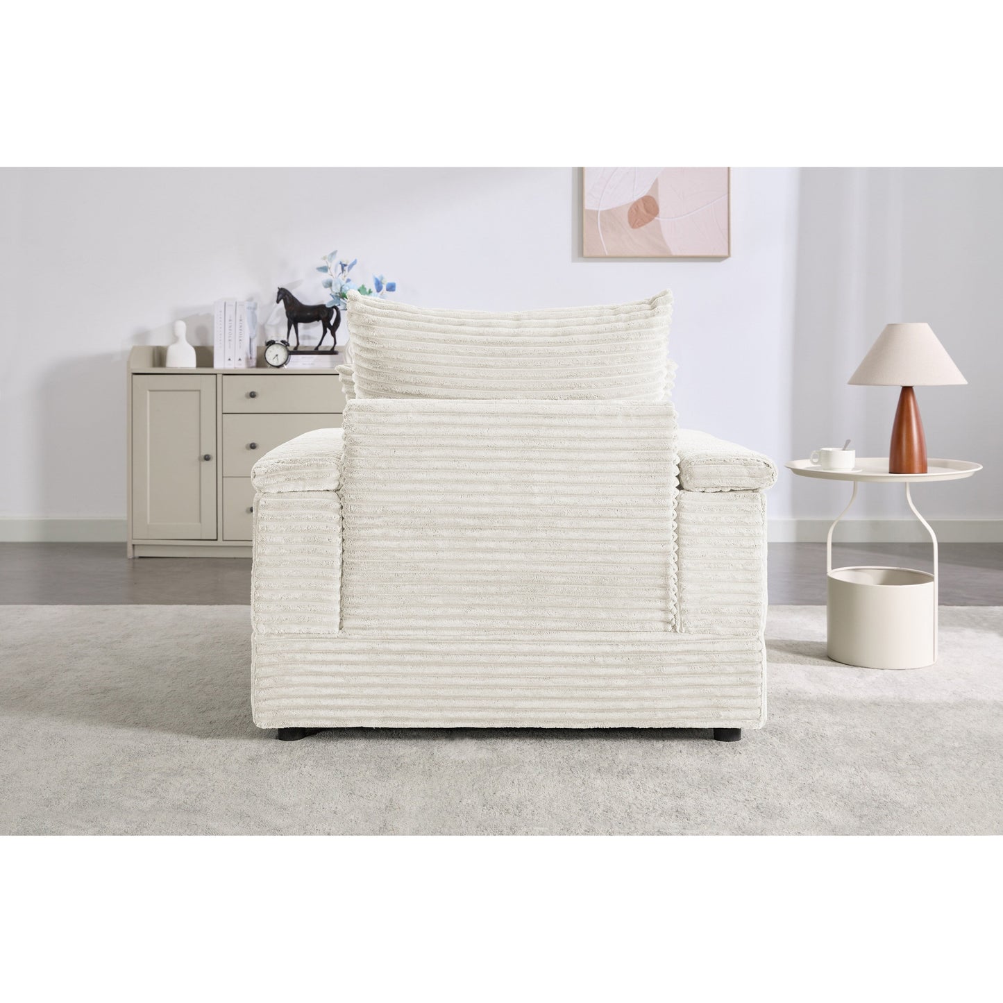 Canapé simple en velours côtelé beige 42,52 po avec pouf amovible, accoudoirs de rangement et 2 coussins décoratifs
