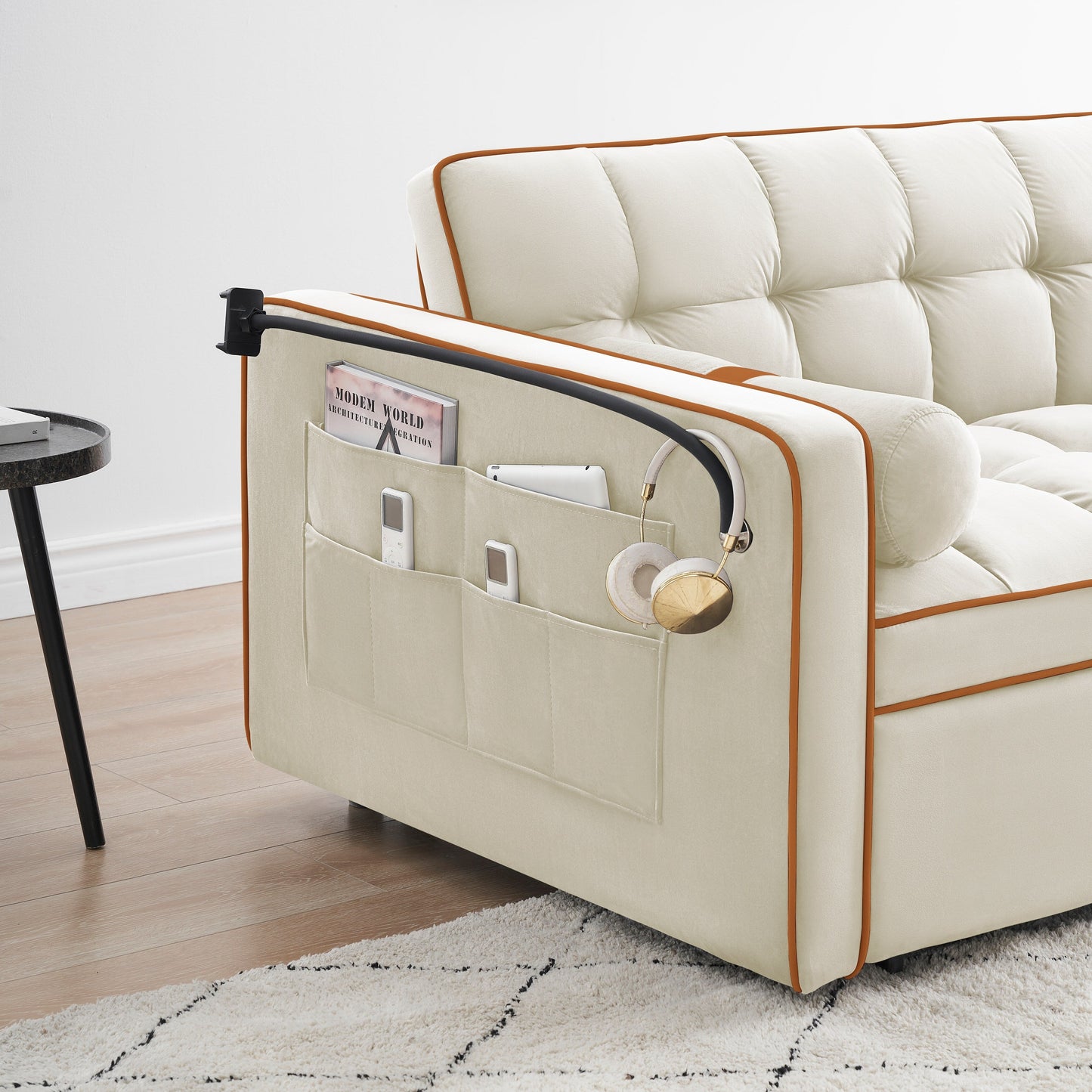Canapé-lit convertible 2 places en velours beige de 55 pouces avec inclinaison réglable, lit gigogne, poches latérales et support pour téléphone