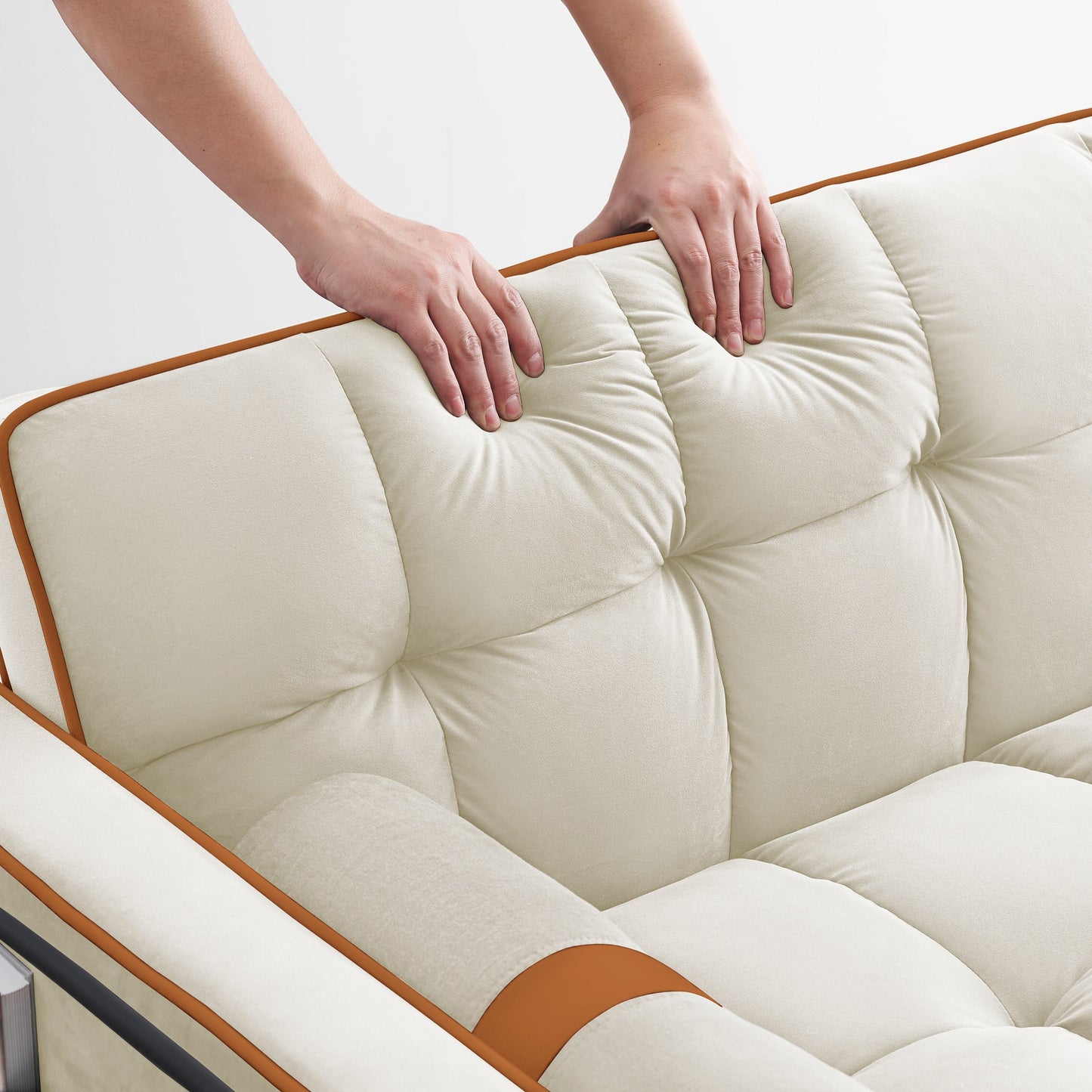 Canapé-lit convertible 2 places en velours beige de 55 pouces avec inclinaison réglable, lit gigogne, poches latérales et support pour téléphone