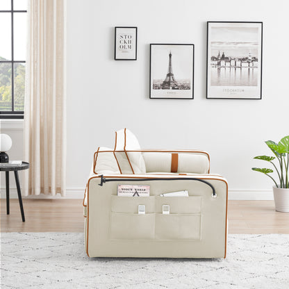Canapé-lit convertible 2 places en velours beige de 55 pouces avec inclinaison réglable, lit gigogne, poches latérales et support pour téléphone