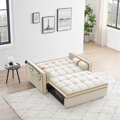Canapé-lit convertible 2 places en velours beige de 55 pouces avec inclinaison réglable, lit gigogne, poches latérales et support pour téléphone