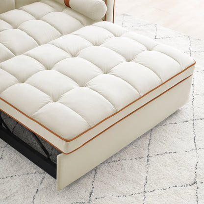 Canapé-lit convertible 2 places en velours beige de 55 pouces avec inclinaison réglable, lit gigogne, poches latérales et support pour téléphone