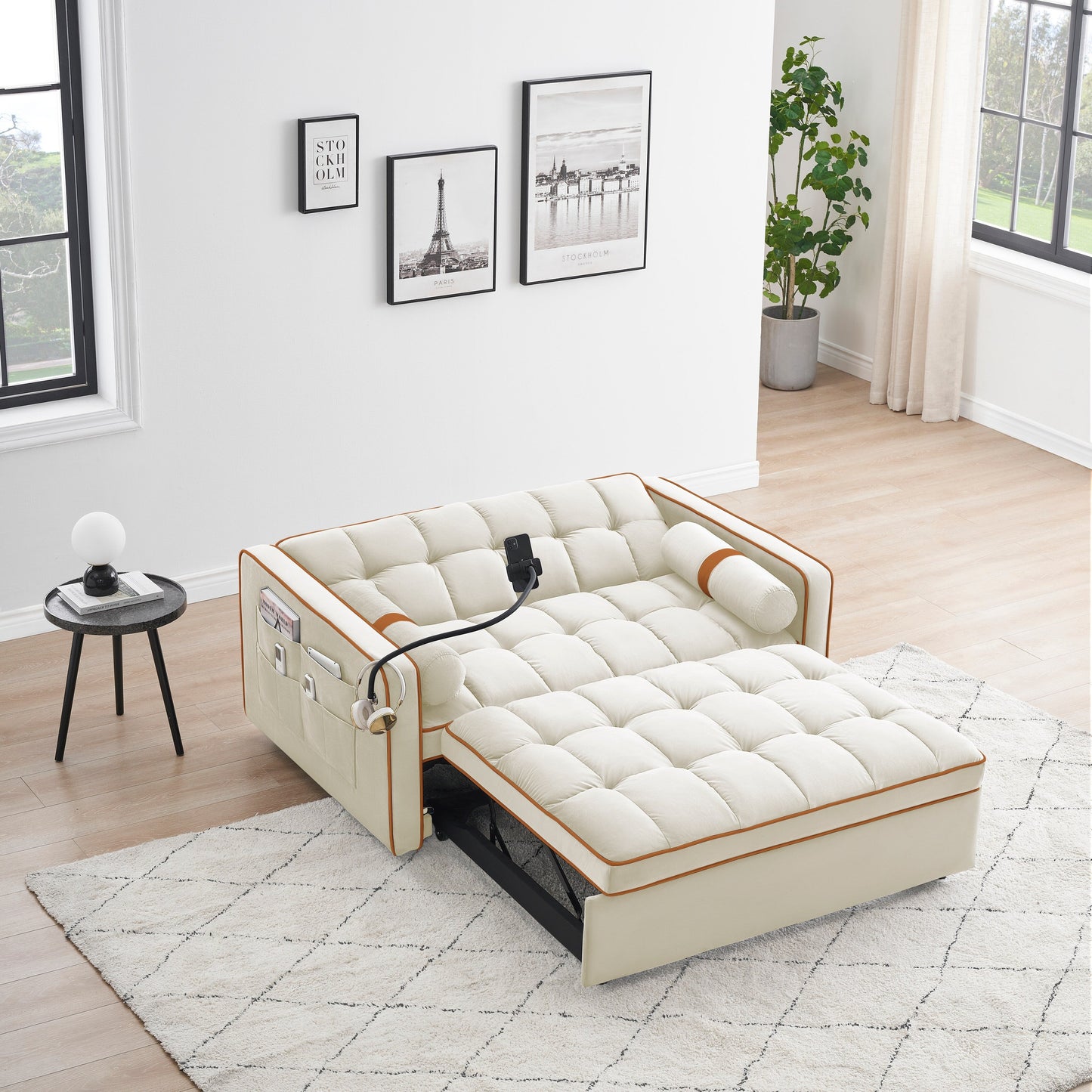 Canapé-lit convertible 2 places en velours beige de 55 pouces avec inclinaison réglable, lit gigogne, poches latérales et support pour téléphone