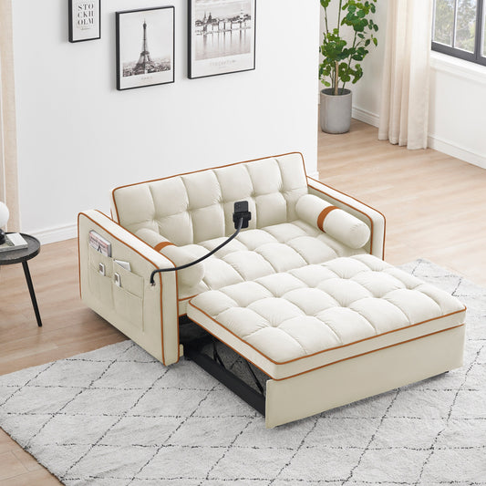 Canapé-lit convertible 2 places en velours beige de 55 pouces avec inclinaison réglable, lit gigogne, poches latérales et support pour téléphone