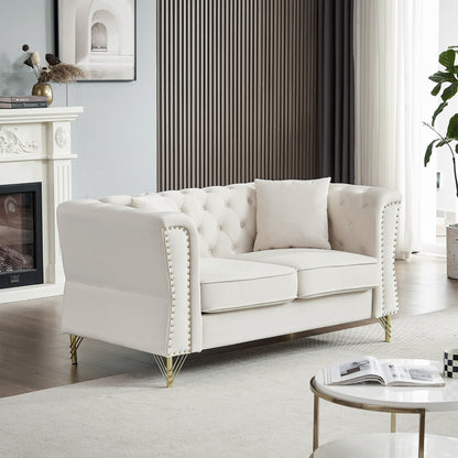 Canapé 2 places en velours beige de 152 cm avec pieds en métal, 2 coussins, garniture cloutée, cadre en bois massif et rembourrage en mousse