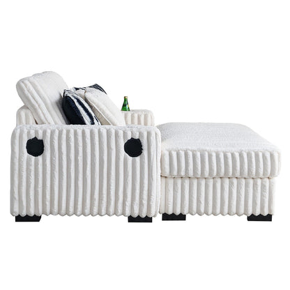 Canapé causeuse carré en velours côtelé beige 61,42 po avec pouf, haut-parleur Bluetooth, chargeur sans fil, ports USB et porte-gobelet