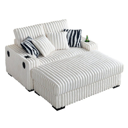Canapé causeuse carré en velours côtelé beige 61,42 po avec pouf, haut-parleur Bluetooth, chargeur sans fil, ports USB et porte-gobelet