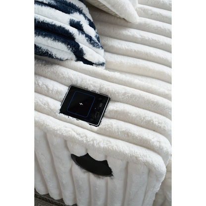 Canapé causeuse carré en velours côtelé beige 61,42 po avec pouf, haut-parleur Bluetooth, chargeur sans fil, ports USB et porte-gobelet