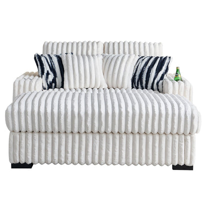 Canapé causeuse carré en velours côtelé beige 61,42 po avec pouf, haut-parleur Bluetooth, chargeur sans fil, ports USB et porte-gobelet