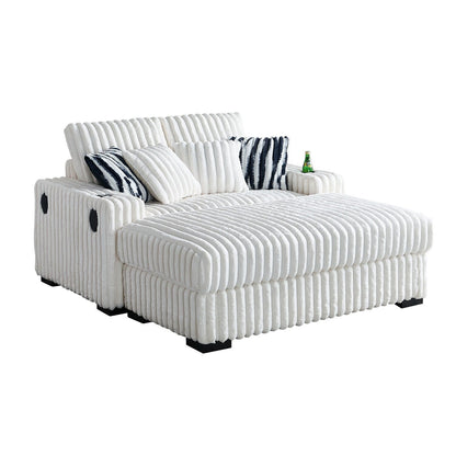 Canapé causeuse carré en velours côtelé beige 61,42 po avec pouf, haut-parleur Bluetooth, chargeur sans fil, ports USB et porte-gobelet