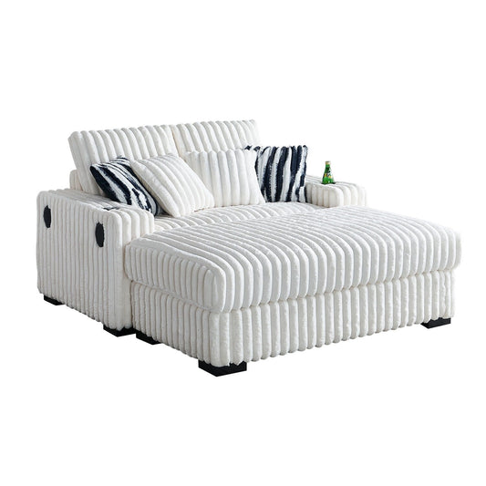 Canapé causeuse carré en velours côtelé beige 61,42 po avec pouf, haut-parleur Bluetooth, chargeur sans fil, ports USB et porte-gobelet