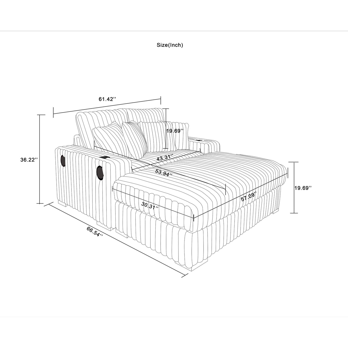 Canapé causeuse carré en velours côtelé beige 61,42 po avec pouf, haut-parleur Bluetooth, chargeur sans fil, ports USB et porte-gobelet