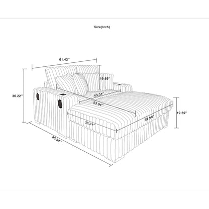 Canapé causeuse carré en velours côtelé beige 61,42 po avec pouf, haut-parleur Bluetooth, chargeur sans fil, ports USB et porte-gobelet