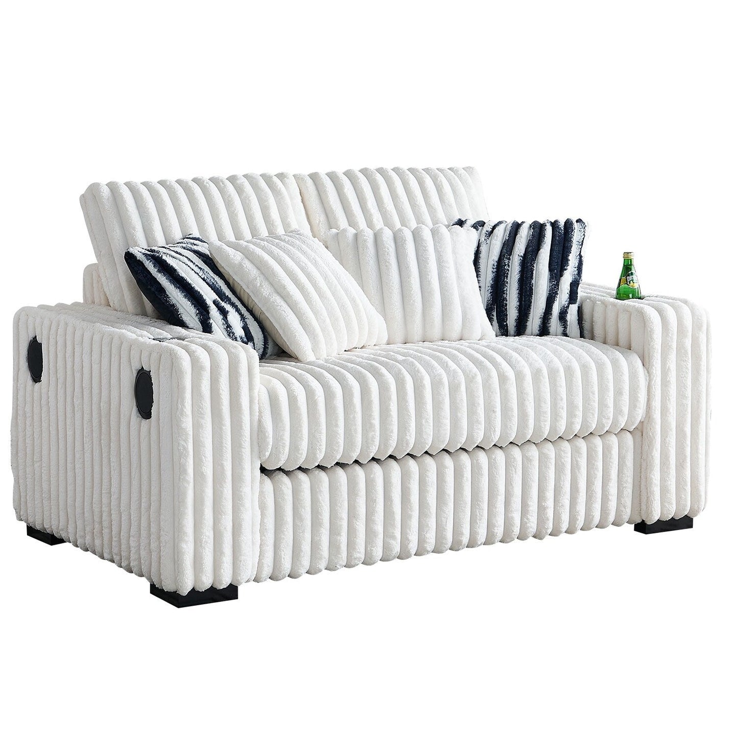Canapé causeuse carré en velours côtelé beige 61,42 po avec pouf, haut-parleur Bluetooth, chargeur sans fil, ports USB et porte-gobelet