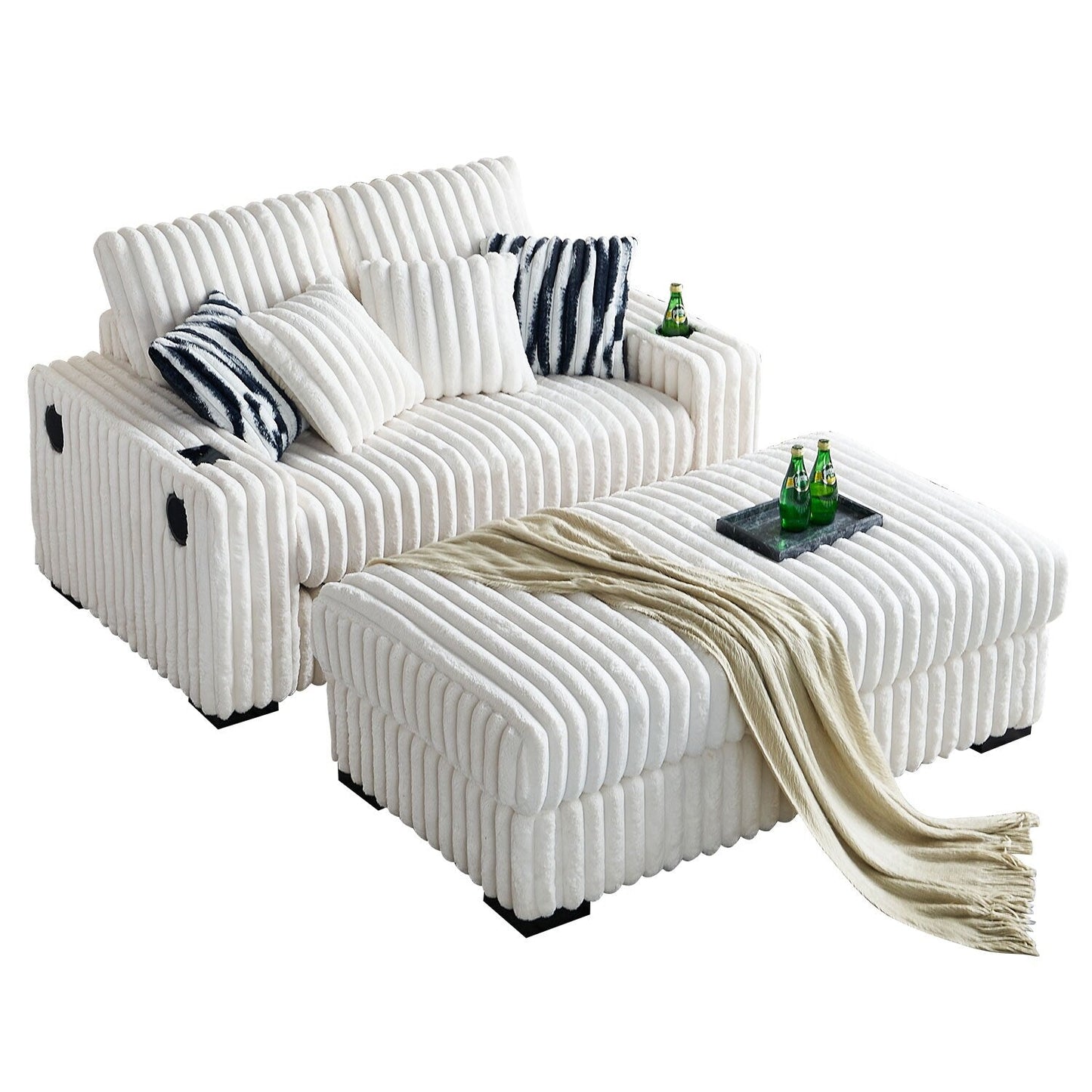 Canapé causeuse carré en velours côtelé beige 61,42 po avec pouf, haut-parleur Bluetooth, chargeur sans fil, ports USB et porte-gobelet