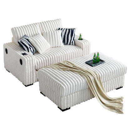Canapé causeuse carré en velours côtelé beige 61,42 po avec pouf, haut-parleur Bluetooth, chargeur sans fil, ports USB et porte-gobelet