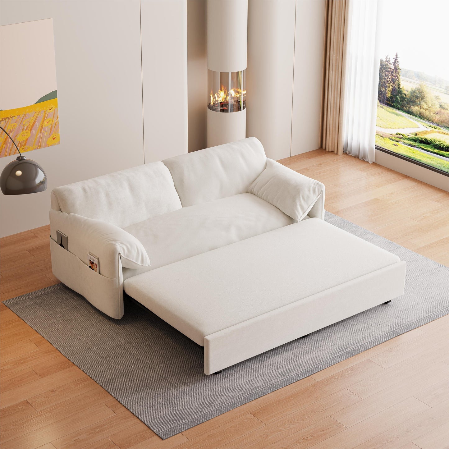 Canapé-lit gigogne 3-en-1 en velours beige 63,8 avec rangement latéral pour le salon