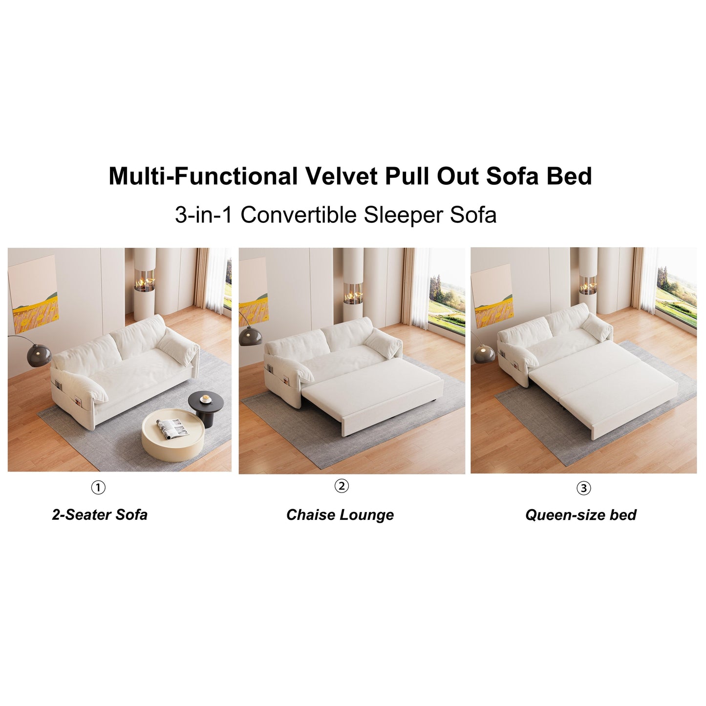 Canapé-lit gigogne 3-en-1 en velours beige 63,8 avec rangement latéral pour le salon