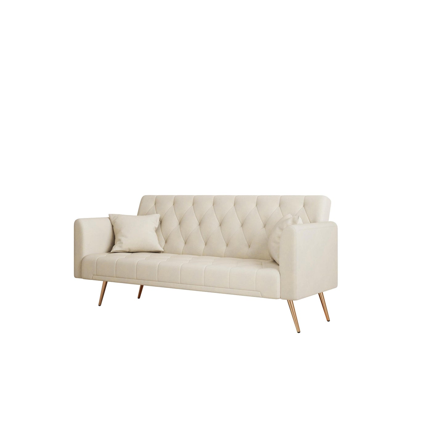 Canapé-lit convertible 3 places en velours beige 71 avec deux coussins décoratifs et pieds en métal pour le salon