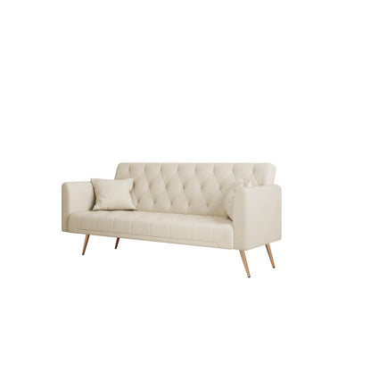 Canapé-lit convertible 3 places en velours beige 71 avec deux coussins décoratifs et pieds en métal pour le salon