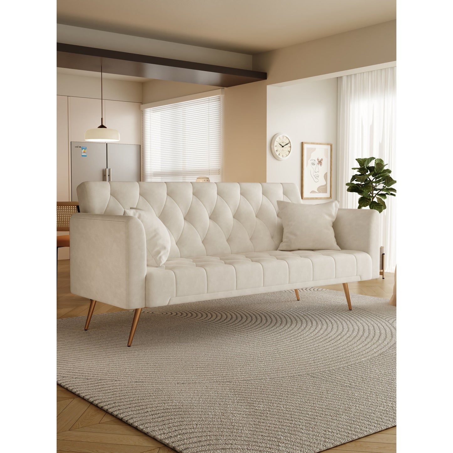 Canapé-lit convertible 3 places en velours beige 71 avec deux coussins décoratifs et pieds en métal pour le salon