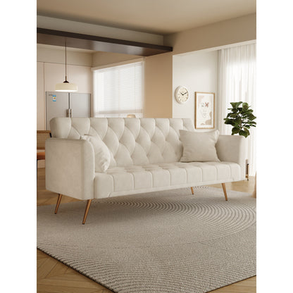 Canapé-lit convertible 3 places en velours beige 71 avec deux coussins décoratifs et pieds en métal pour le salon