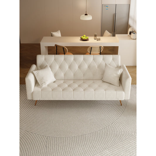 Canapé-lit convertible 3 places en velours beige 71 avec deux coussins décoratifs et pieds en métal pour le salon