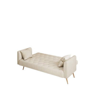 Canapé-lit convertible 3 places en velours beige 71 avec deux coussins décoratifs et pieds en métal pour le salon