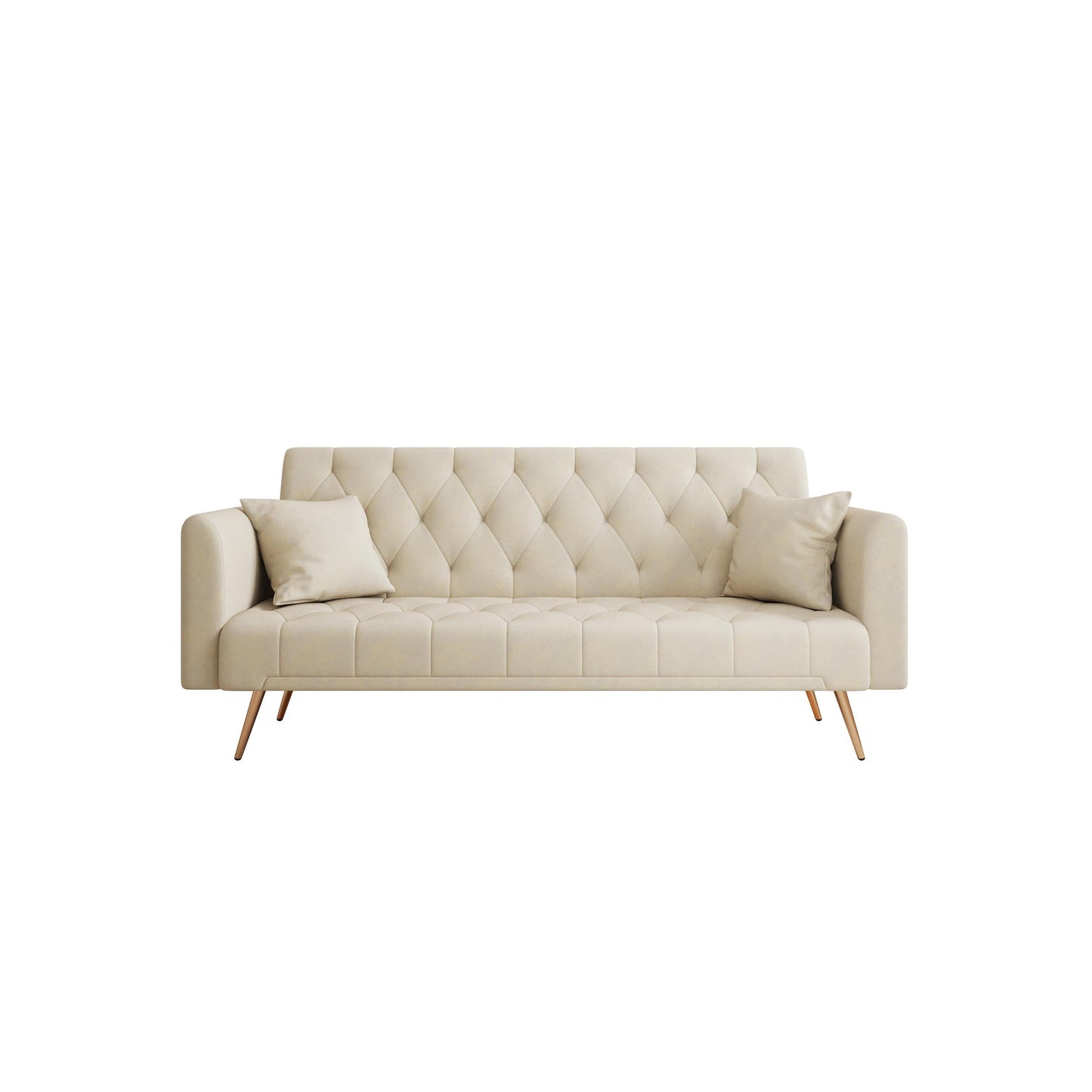 Canapé-lit convertible 3 places en velours beige 71 avec deux coussins décoratifs et pieds en métal pour le salon