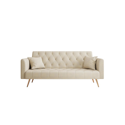 Canapé-lit convertible 3 places en velours beige 71 avec deux coussins décoratifs et pieds en métal pour le salon