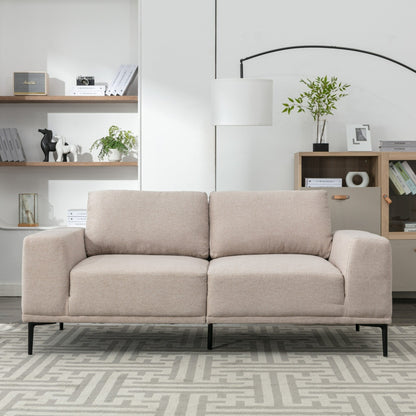 Grand canapé 2 places en tissu beige 74.8 avec coussins amovibles, pieds en fer et accoudoirs carrés