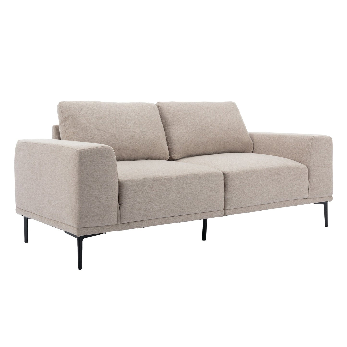 Canapé 2 places en tissu beige de 74,8 pouces avec coussins amovibles, pieds en fer et accoudoirs carrés