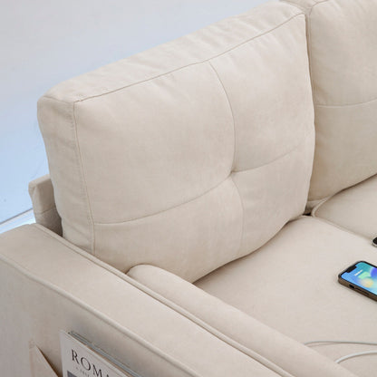 Canapé convertible 3 places en tissu beige de 75,2 po avec pouf de rangement, 2 ports USB, lumières LED et pieds en bois