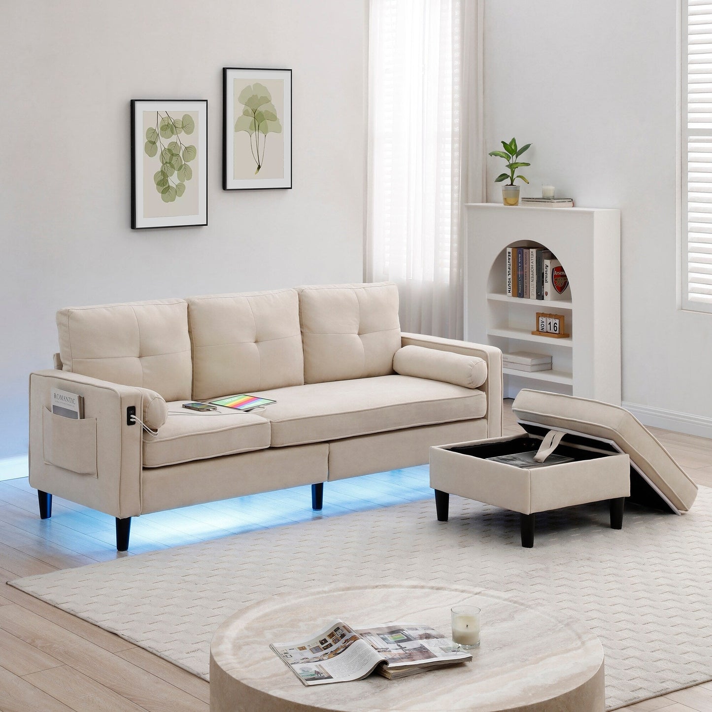 Canapé convertible 3 places en tissu beige de 75,2 po avec pouf de rangement, 2 ports USB, lumières LED et pieds en bois