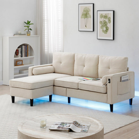Canapé convertible 3 places en tissu beige de 75,2 po avec pouf de rangement, 2 ports USB, lumières LED et pieds en bois