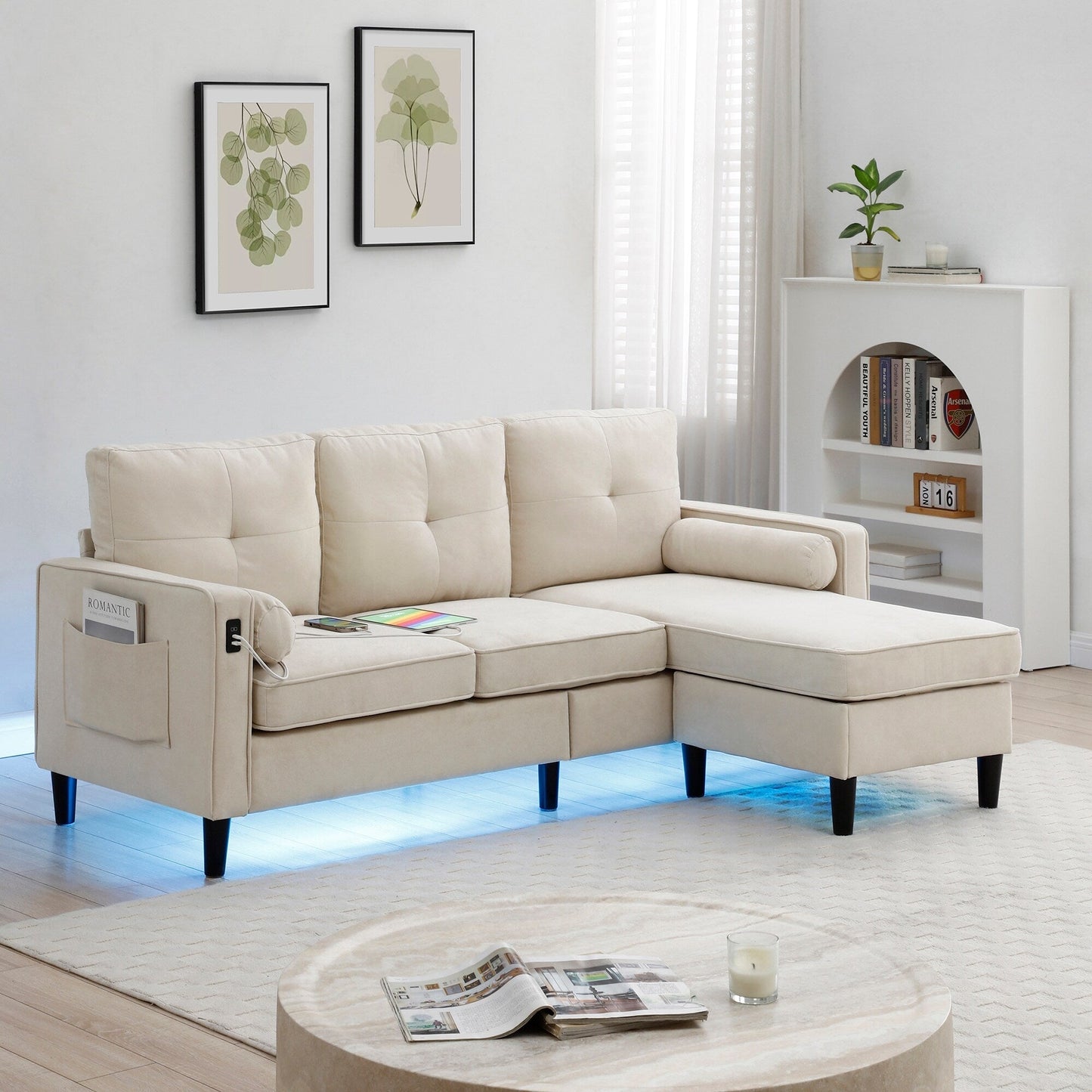 Canapé convertible 3 places en tissu beige de 75,2 po avec pouf de rangement, 2 ports USB, lumières LED et pieds en bois