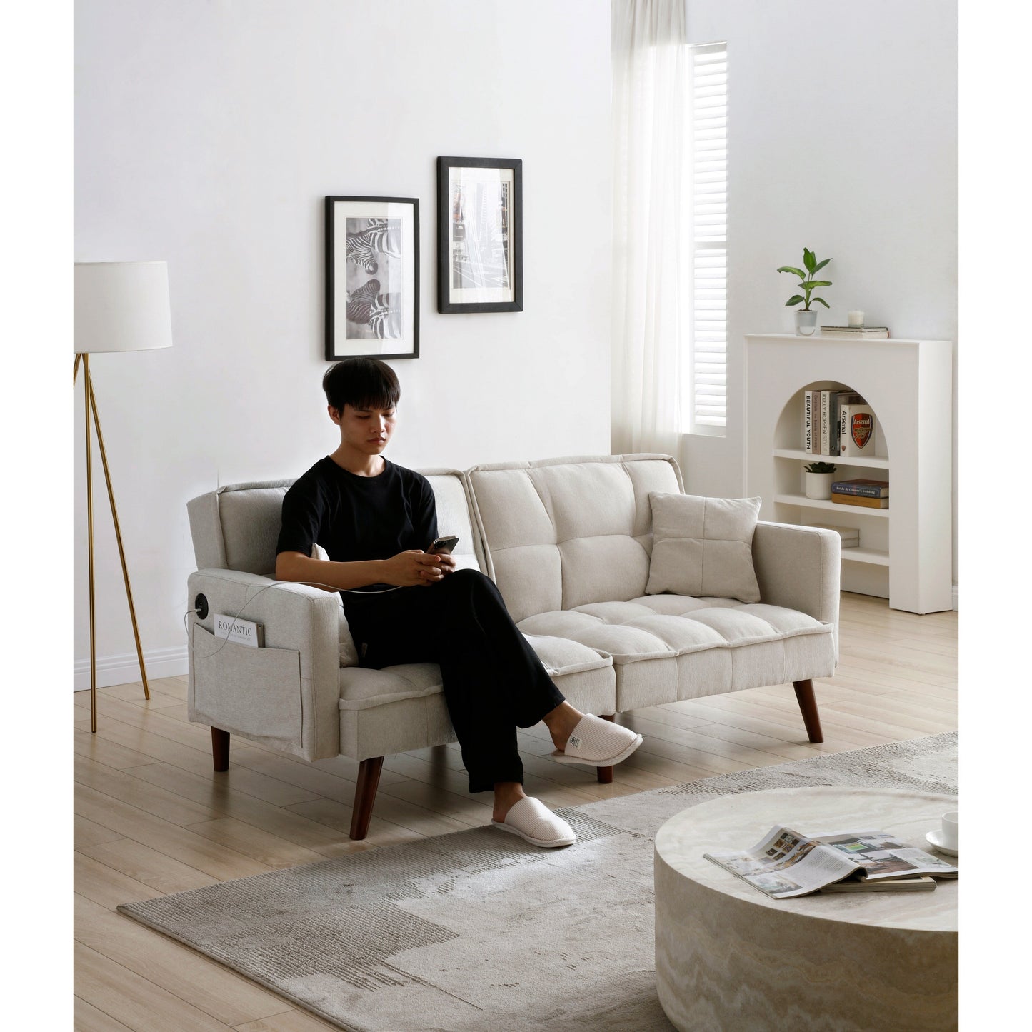 Canapé-lit causeuse beige 75,6 en chenille avec port de chargement USB et dossier réglable pour le salon