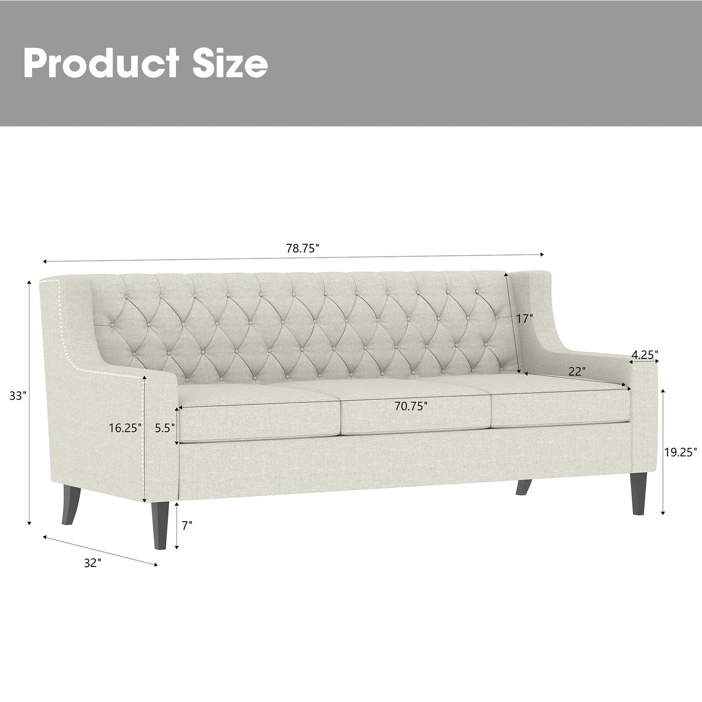 Canapé 3 places beige en polyester 78,75 avec dossier capitonné et coussins