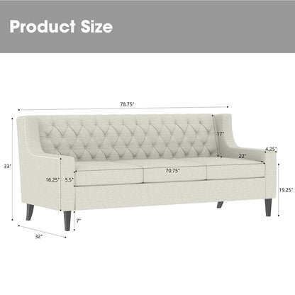 Canapé 3 places beige en polyester 78,75 avec dossier capitonné et coussins