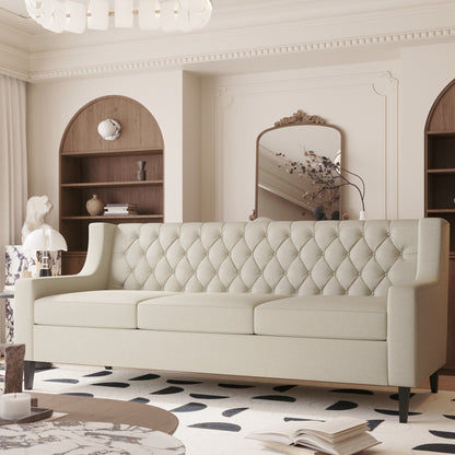 Canapé 3 places beige en polyester 78,75 avec dossier capitonné et coussins