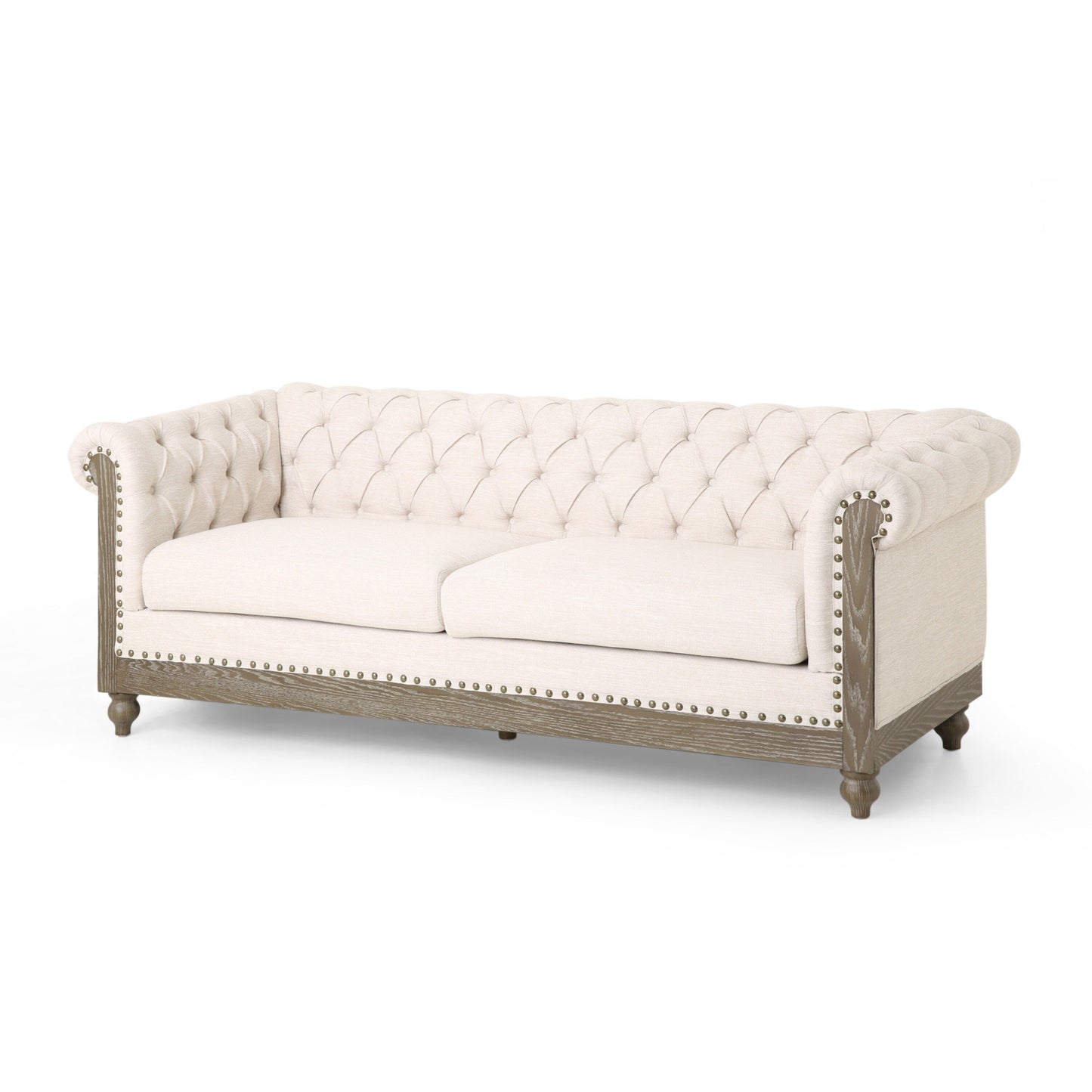 Canapé en tissu beige 78,75 pouces avec base en bois et design rétro pour salon