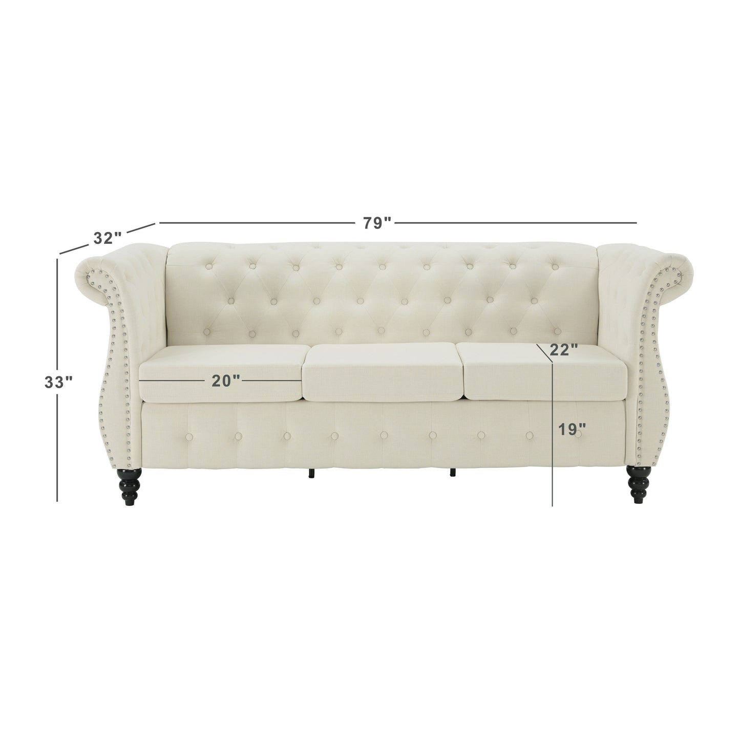 Canapé Chesterfield 3 places en lin beige de 78,7 po avec accoudoirs roulés, capitonnage à boutons et garniture cloutée